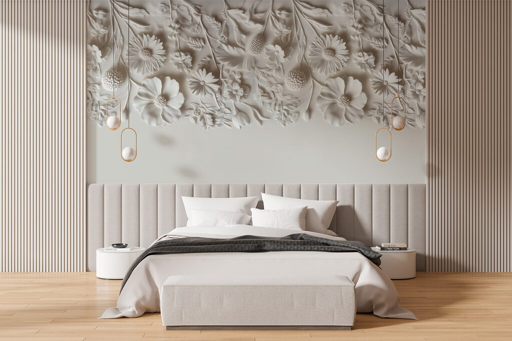 White floral design on a wall