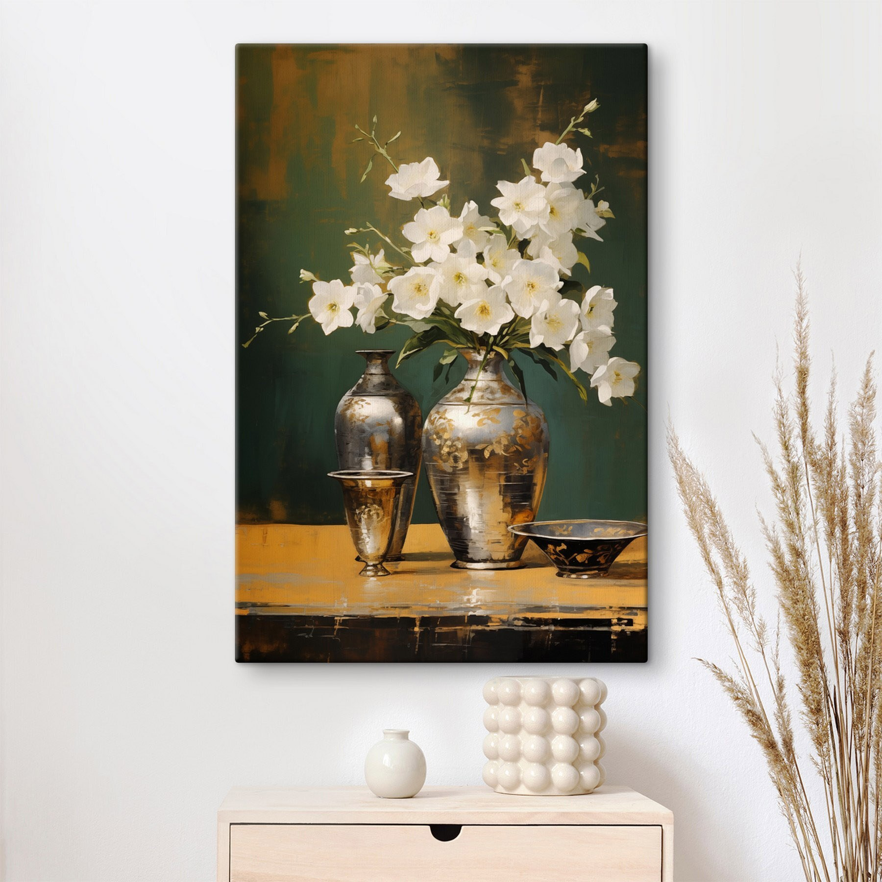 Vase with white flowers and a bowl