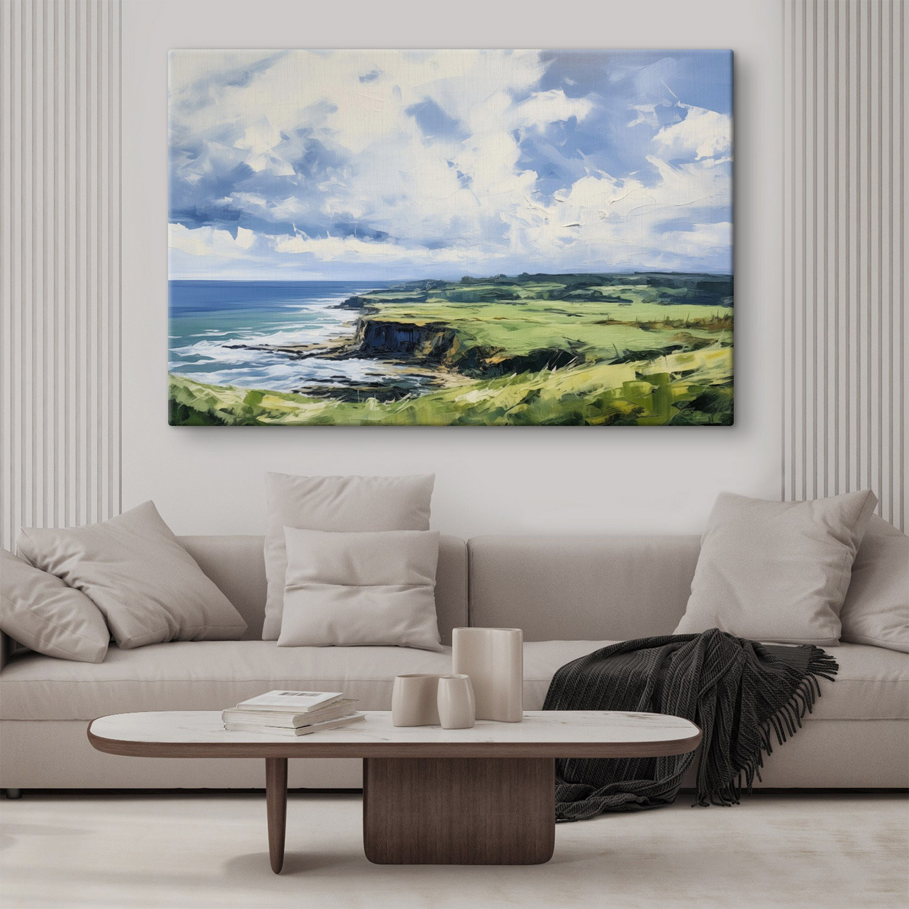 Painting of a landscape with a cliff and water