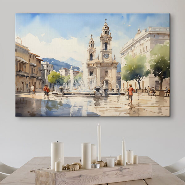 Quadri Quadri Acquerello raffigurante un edificio con una fontana antistante (COD: s43397)