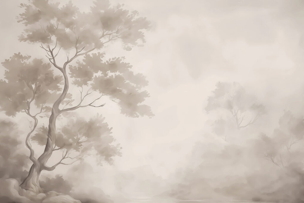 Albero nella nebbia con nuvole Albero nella nebbia con nuvole
