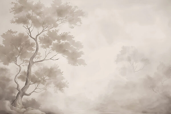 Albero nella nebbia con nuvole Albero nella nebbia con nuvole