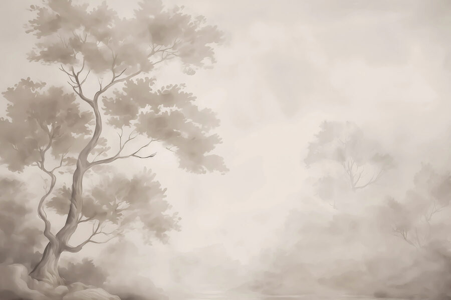 Albero nella nebbia con nuvole