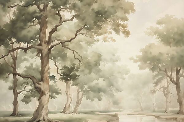 Acquerello con alberi e fiume Acquerello con alberi e fiume