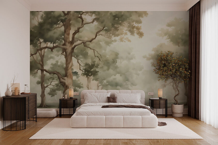 Acquerello con alberi e fiume Acquerello con alberi e fiume