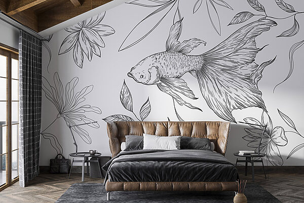 Disegno in bianco e nero di un pesce e di piante Disegno in bianco e nero di un pesce e di piante