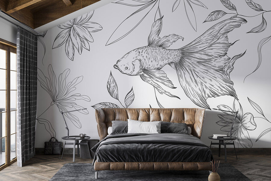 Disegno in bianco e nero di un pesce e di piante