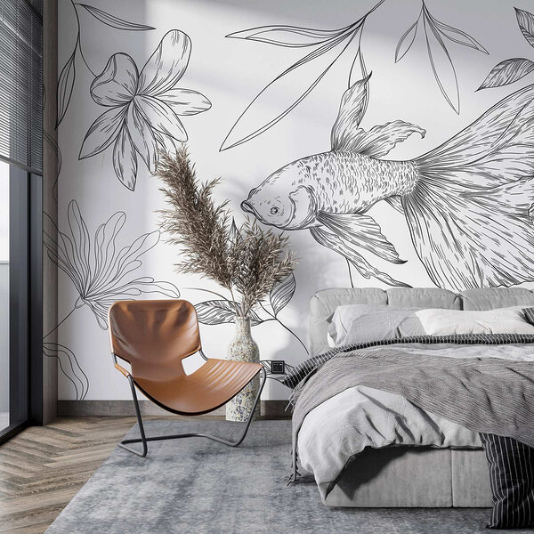 Disegno in bianco e nero di un pesce e di piante Disegno in bianco e nero di un pesce e di piante