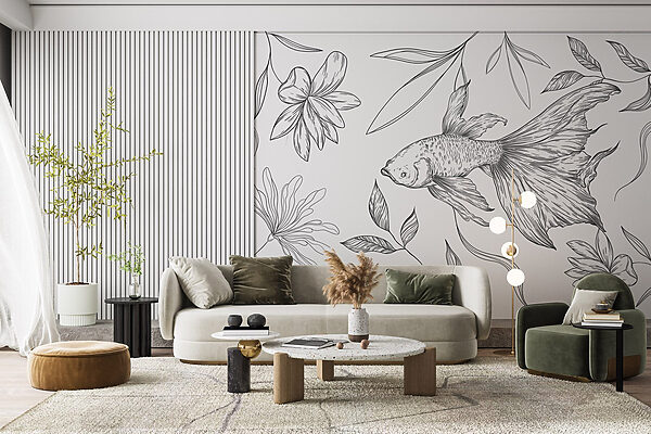 Disegno in bianco e nero di un pesce e di piante Disegno in bianco e nero di un pesce e di piante