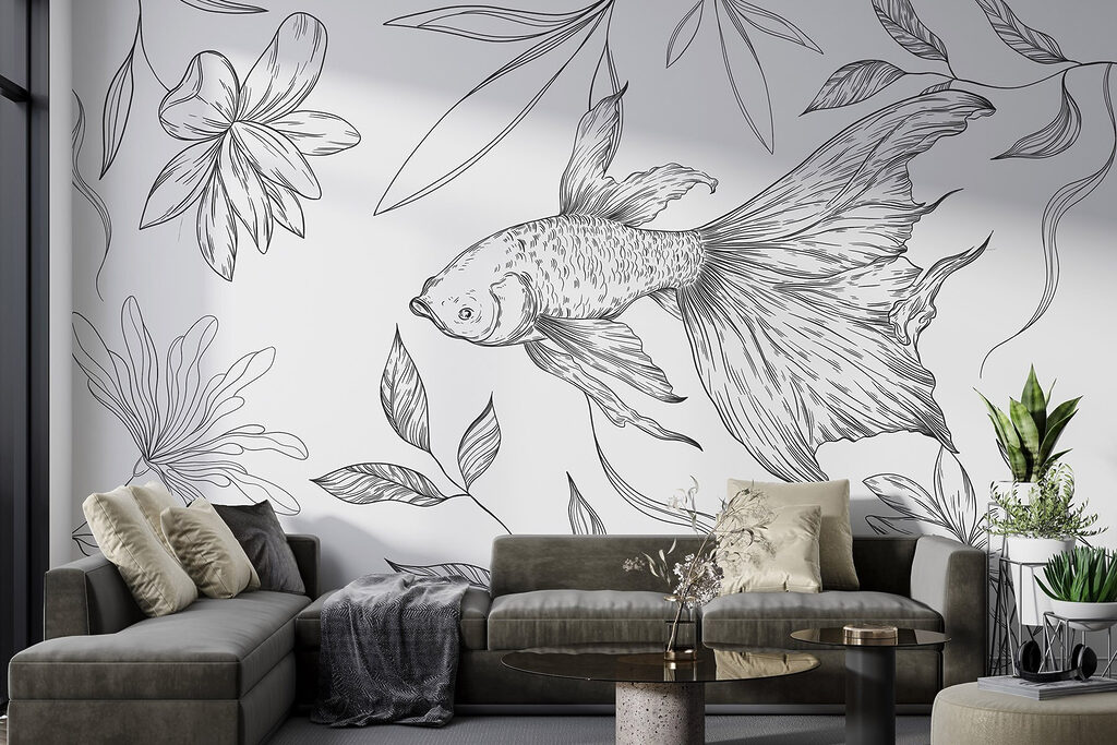 Black and white drawing of a fish and plants