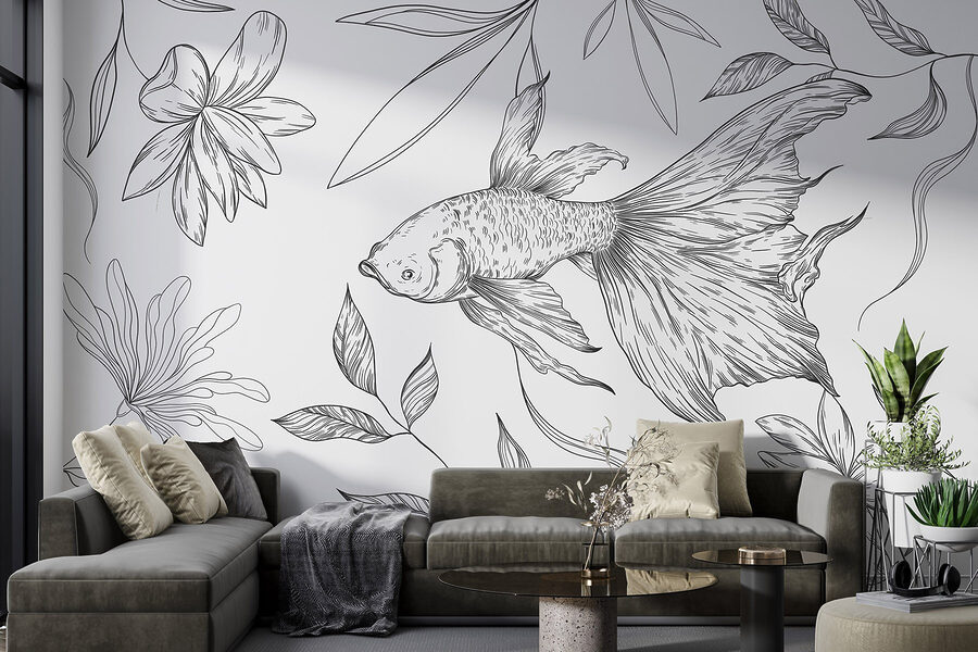 Disegno in bianco e nero di un pesce e di piante