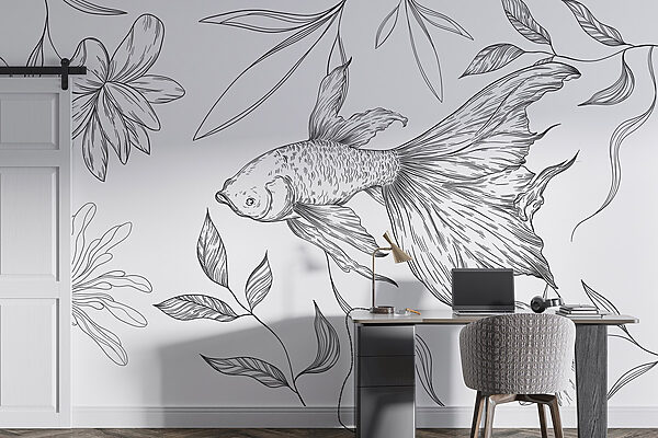 Disegno in bianco e nero di un pesce e di piante Disegno in bianco e nero di un pesce e di piante