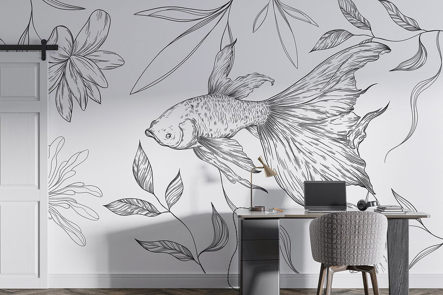 Disegno in bianco e nero di un pesce e di piante
