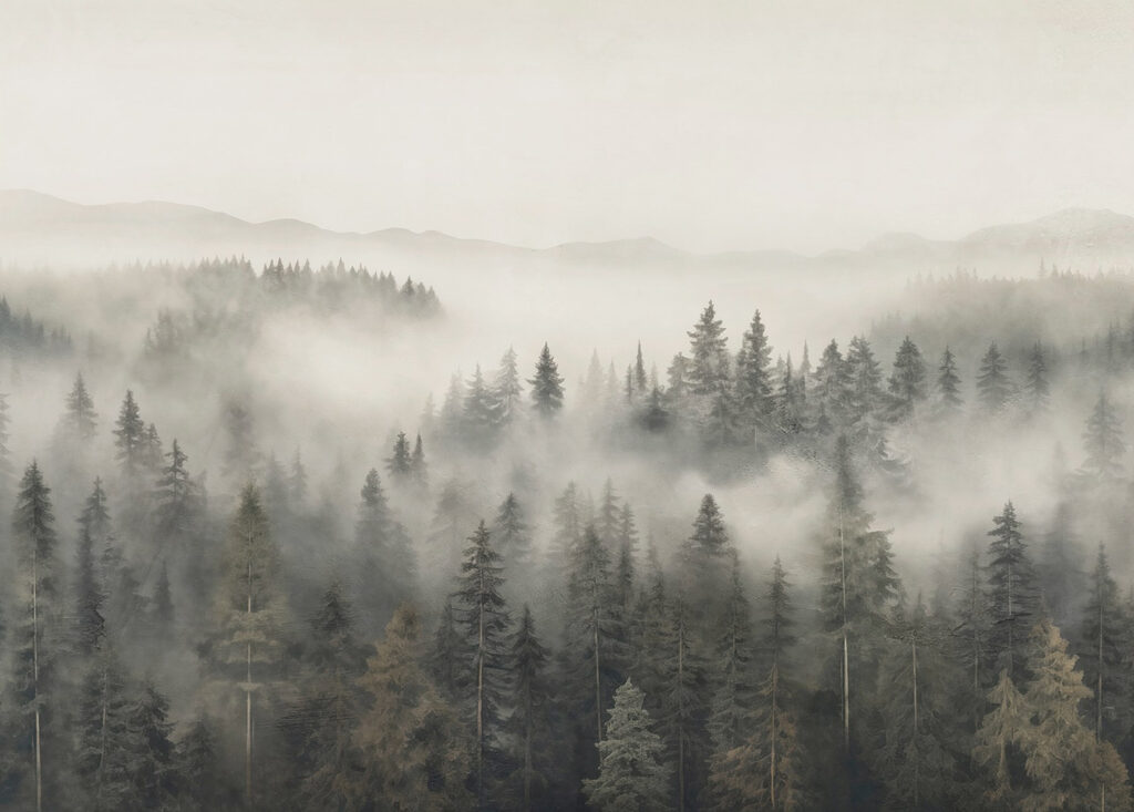 Foresta con nebbia e montagne Foresta con nebbia e montagne
