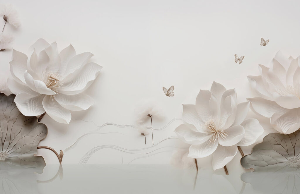 Fiori e farfalle di carta bianca su una superficie bianca Fiori e farfalle di carta bianca su una superficie bianca
