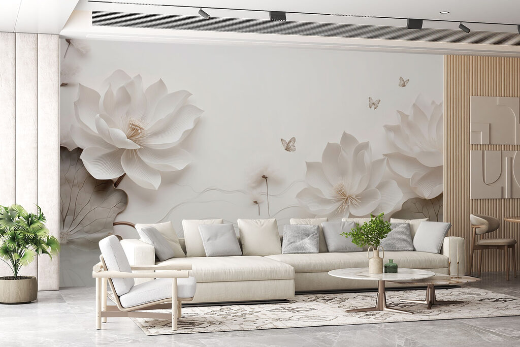 White paper flowers and butterflies on a white surface White paper flowers and butterflies on a white surface