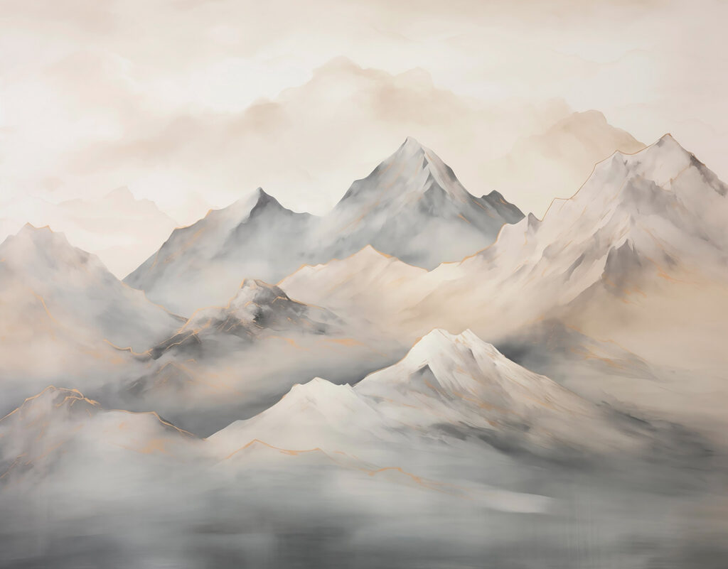 Painting of mountains with clouds