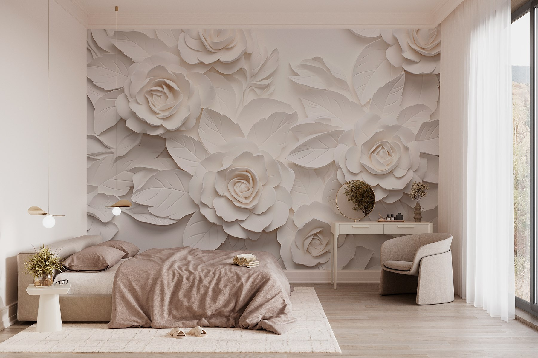 White paper flowers and leaves