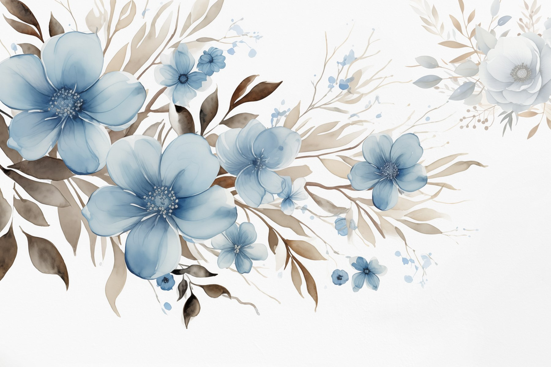 Painting of blue flowers and brown leaves Painting of blue flowers and brown leaves