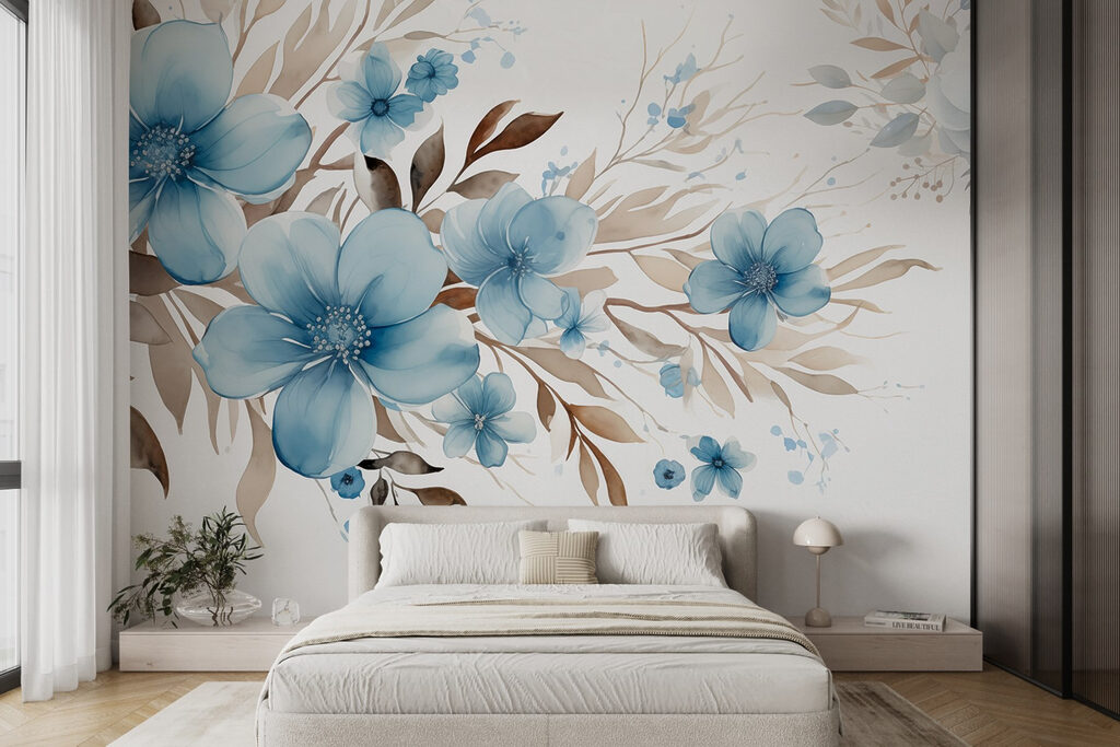 Painting of blue flowers and brown leaves Painting of blue flowers and brown leaves
