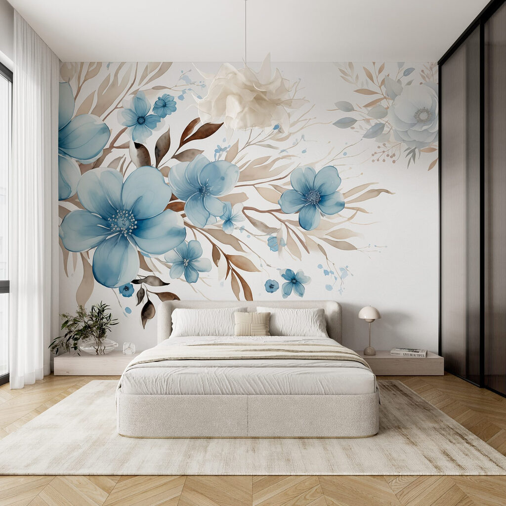 Painting of blue flowers and brown leaves Painting of blue flowers and brown leaves
