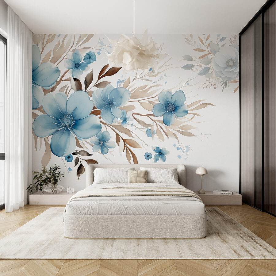 Pittura di fiori blu e foglie marroni