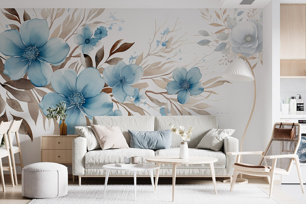 Painting of blue flowers and brown leaves Painting of blue flowers and brown leaves