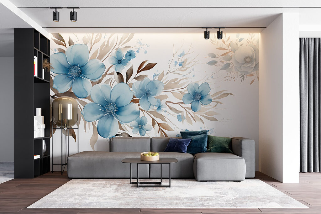 Painting of blue flowers and brown leaves Painting of blue flowers and brown leaves