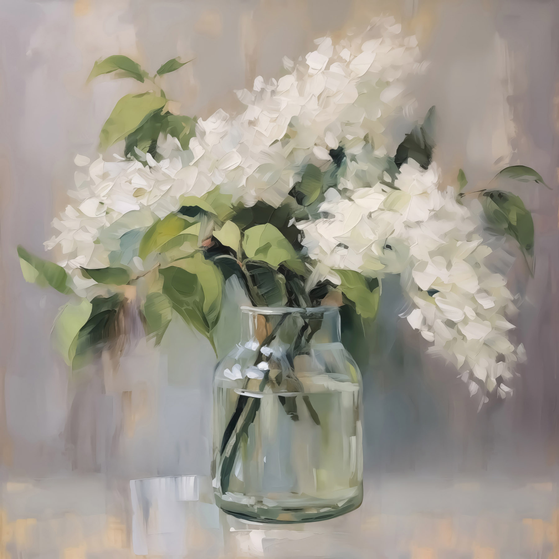 s43439p - Dipinto raffigurante un mazzo di fiori bianchi in un vaso di vetro - tegory