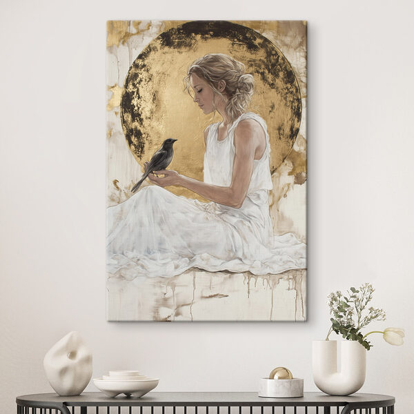Woman in a white dress holding a bird