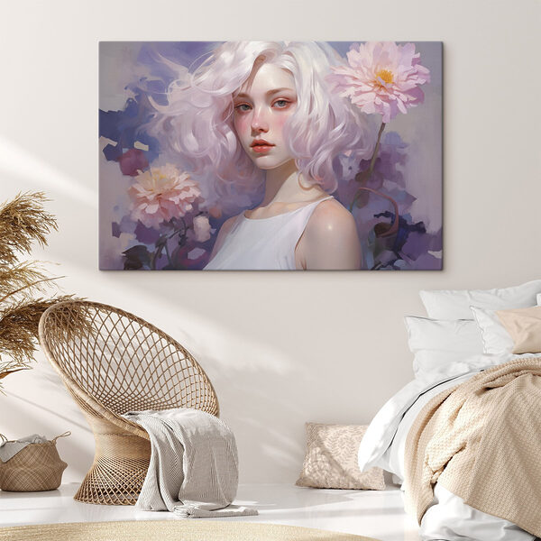 Quadri Quadri Donna con i capelli rosa e fiori rosa (COD: s43495)