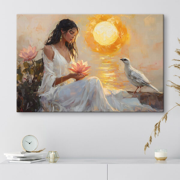 Quadri Dipinto raffigurante una donna con in mano un fiore e un uccellino (COD: s43501) Quadri Quadri Dipinto raffigurante una donna con in mano un fiore e un uccellino (COD: s43501)