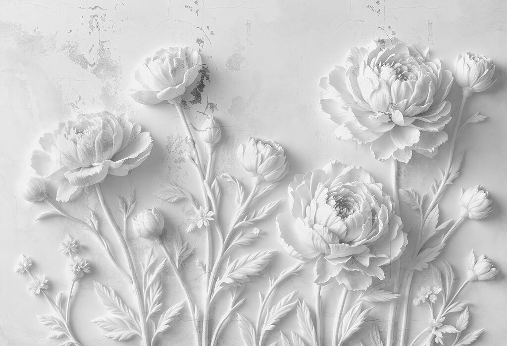 Incisione di fiori bianchi su una parete Incisione di fiori bianchi su una parete