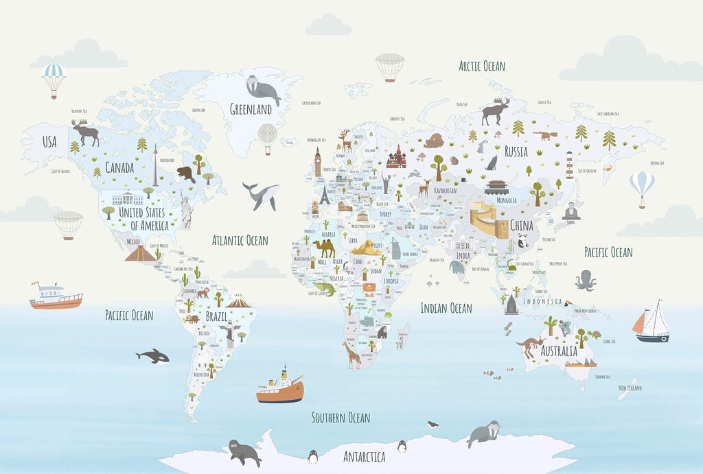 Mappa del mondo con diversi animali Mappa del mondo con diversi animali