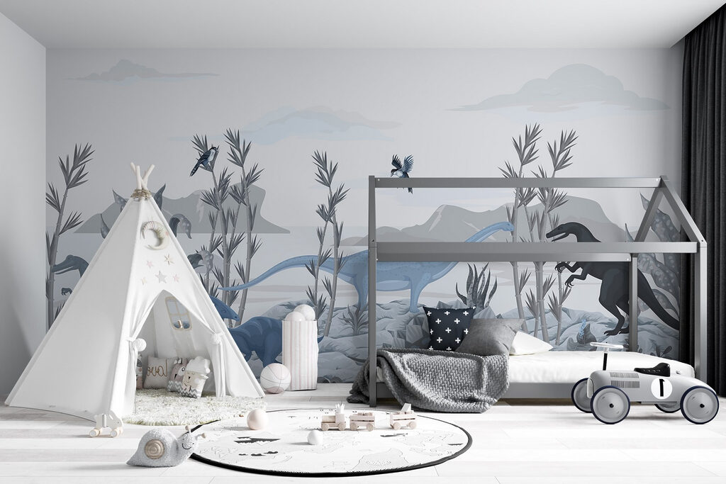 Group of dinosaurs in a landscape