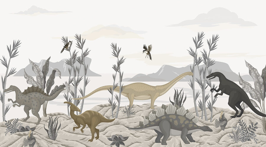 Gruppo di dinosauri nel deserto