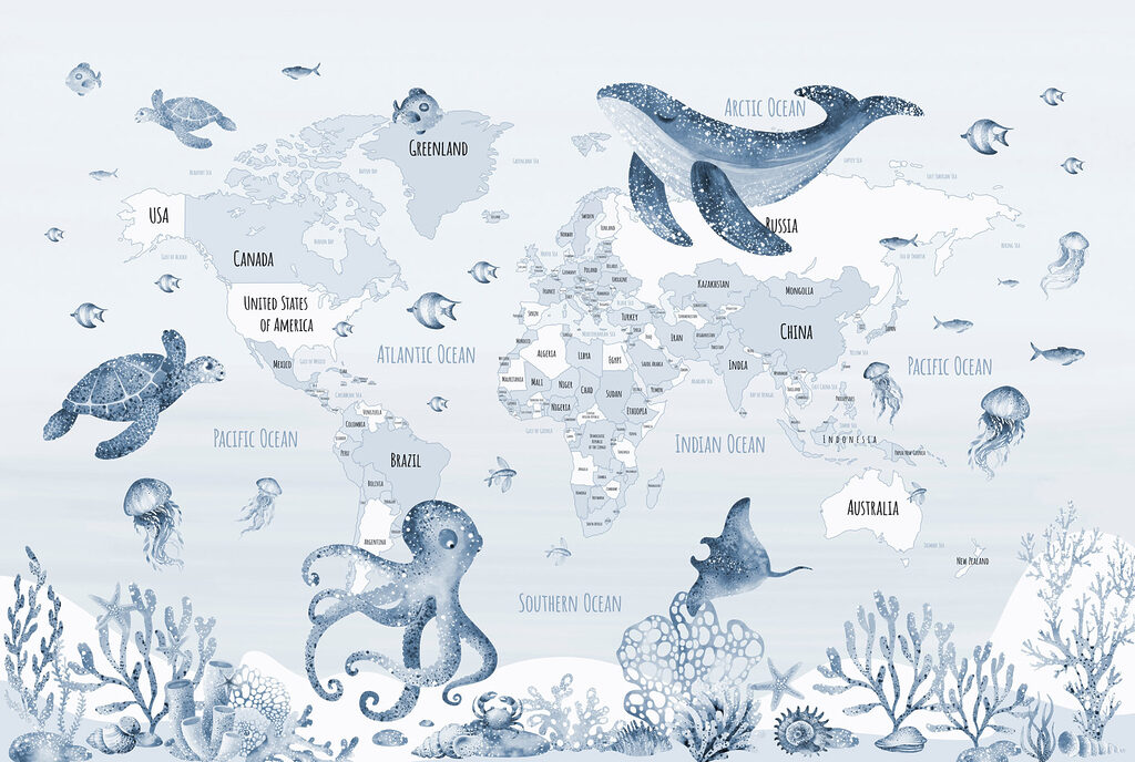 Mappa del mondo con animali marini Mappa del mondo con animali marini