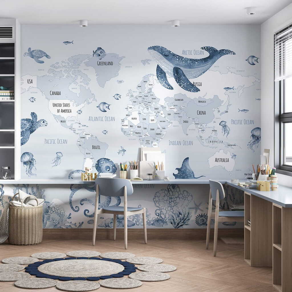 Map of the world with sea animals