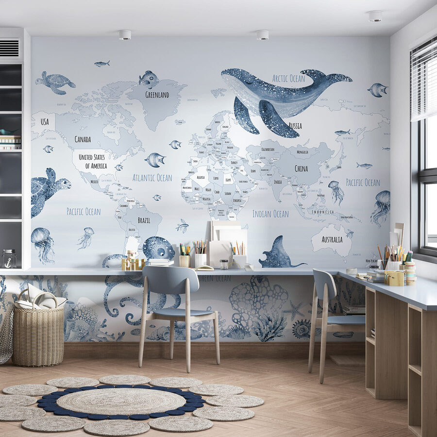 Mappa del mondo con animali marini
