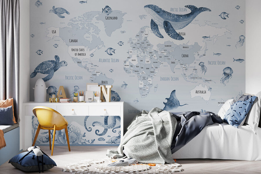 Mappa del mondo con animali marini