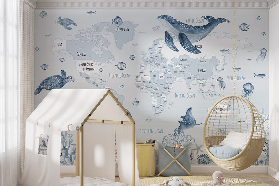 Mappa del mondo con animali marini