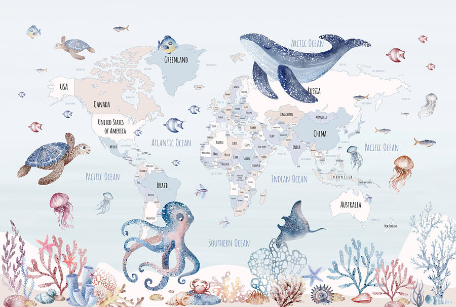Mappa del mondo con animali marini