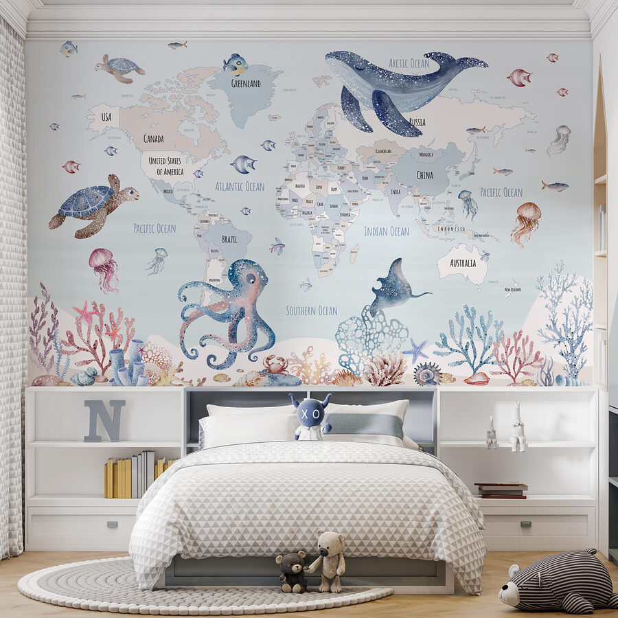 Mappa del mondo con animali marini