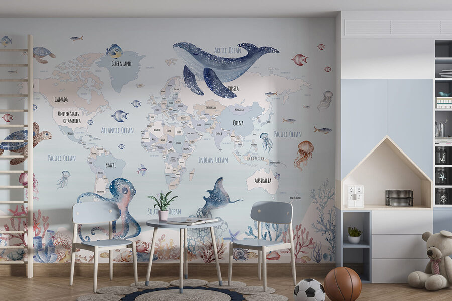 Mappa del mondo con animali marini