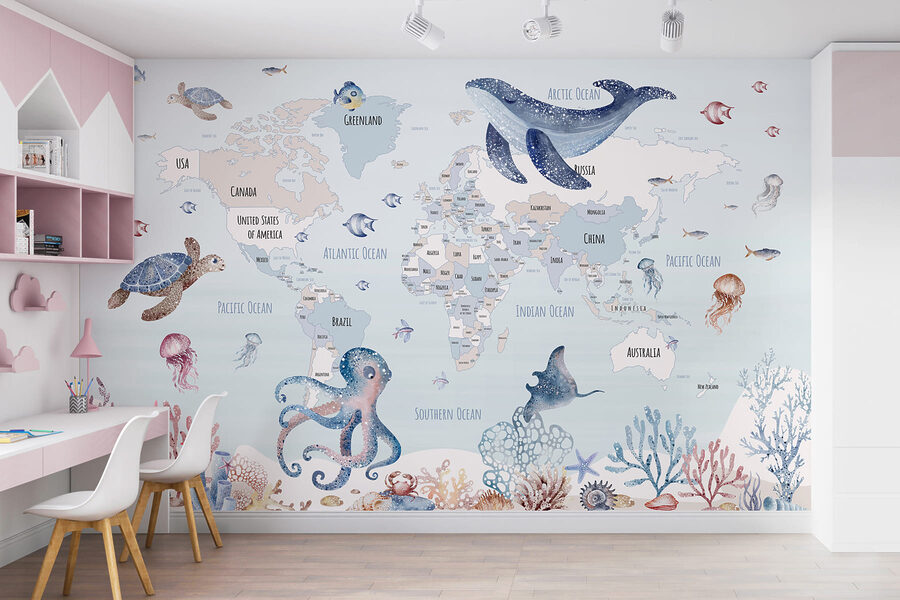 Mappa del mondo con animali marini