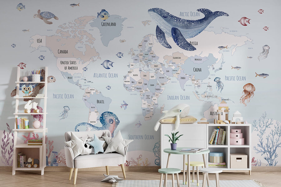 Mappa del mondo con animali marini