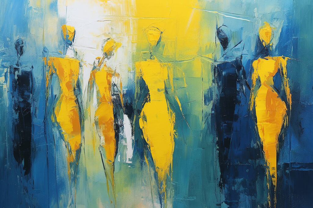 Painting of people in yellow and blue Painting of people in yellow and blue