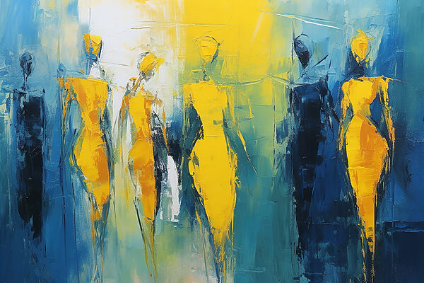 Painting of people in yellow and blue Painting of people in yellow and blue