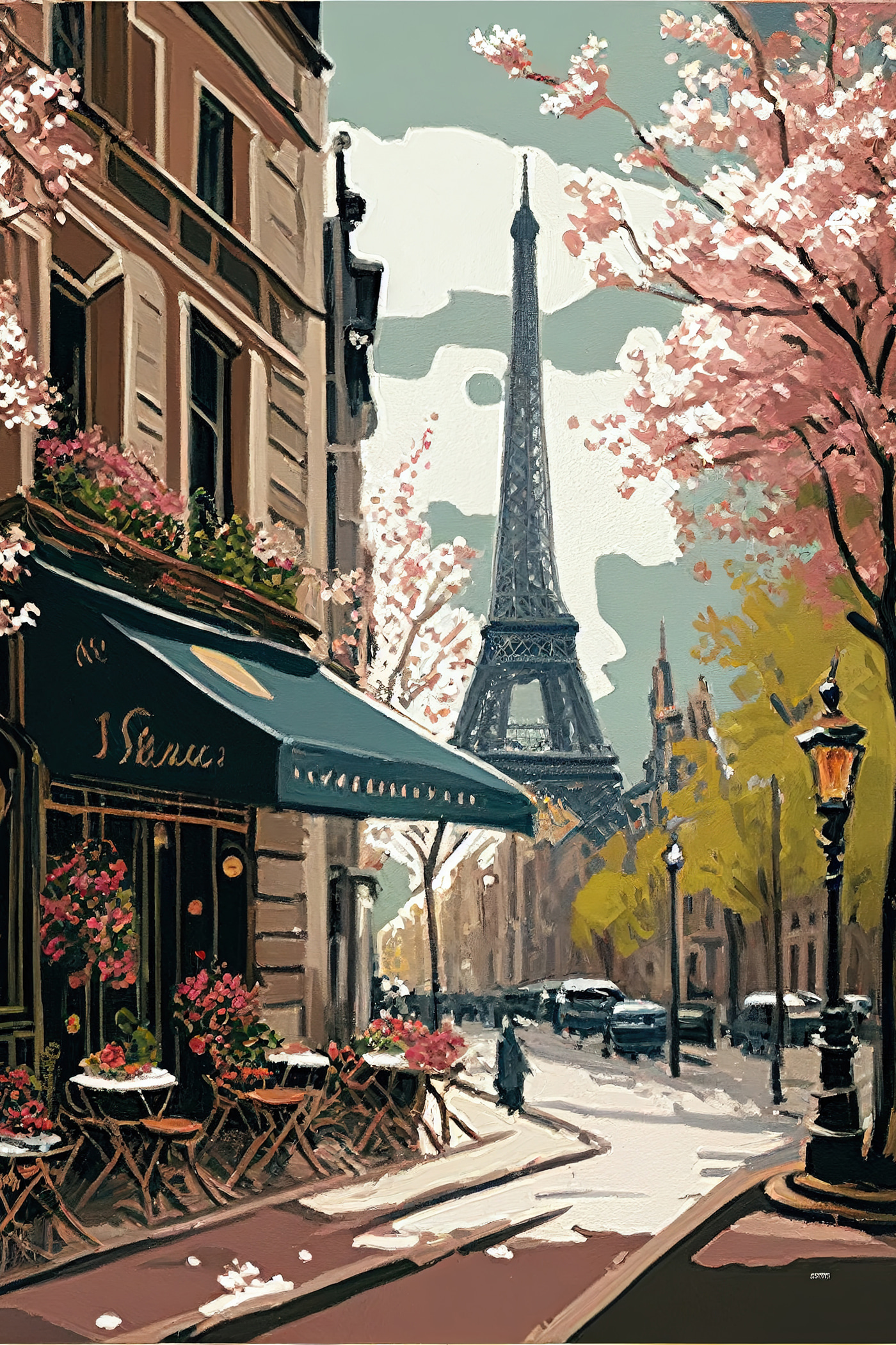 Painting of a street with a tower in the background Painting of a street with a tower in the background
