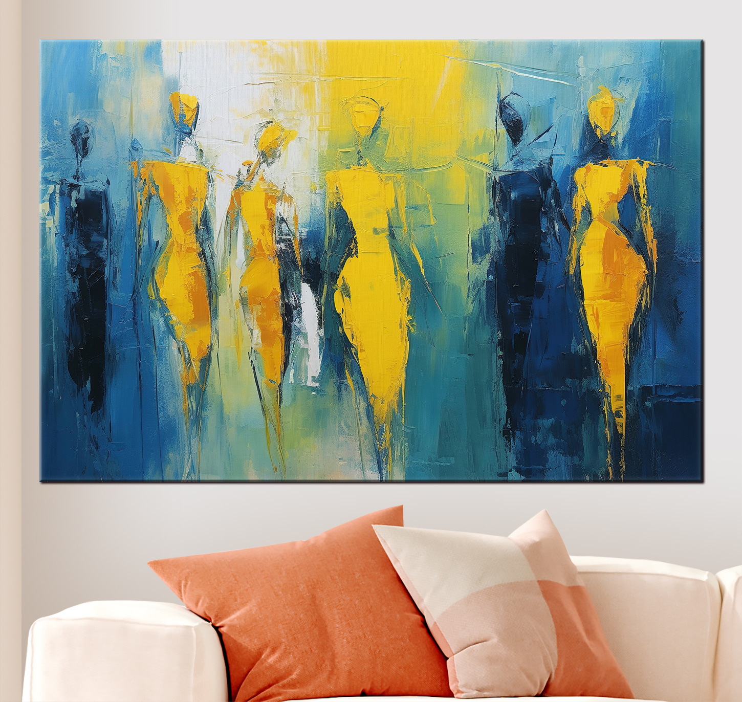 Painting of people in yellow and blue Painting of people in yellow and blue